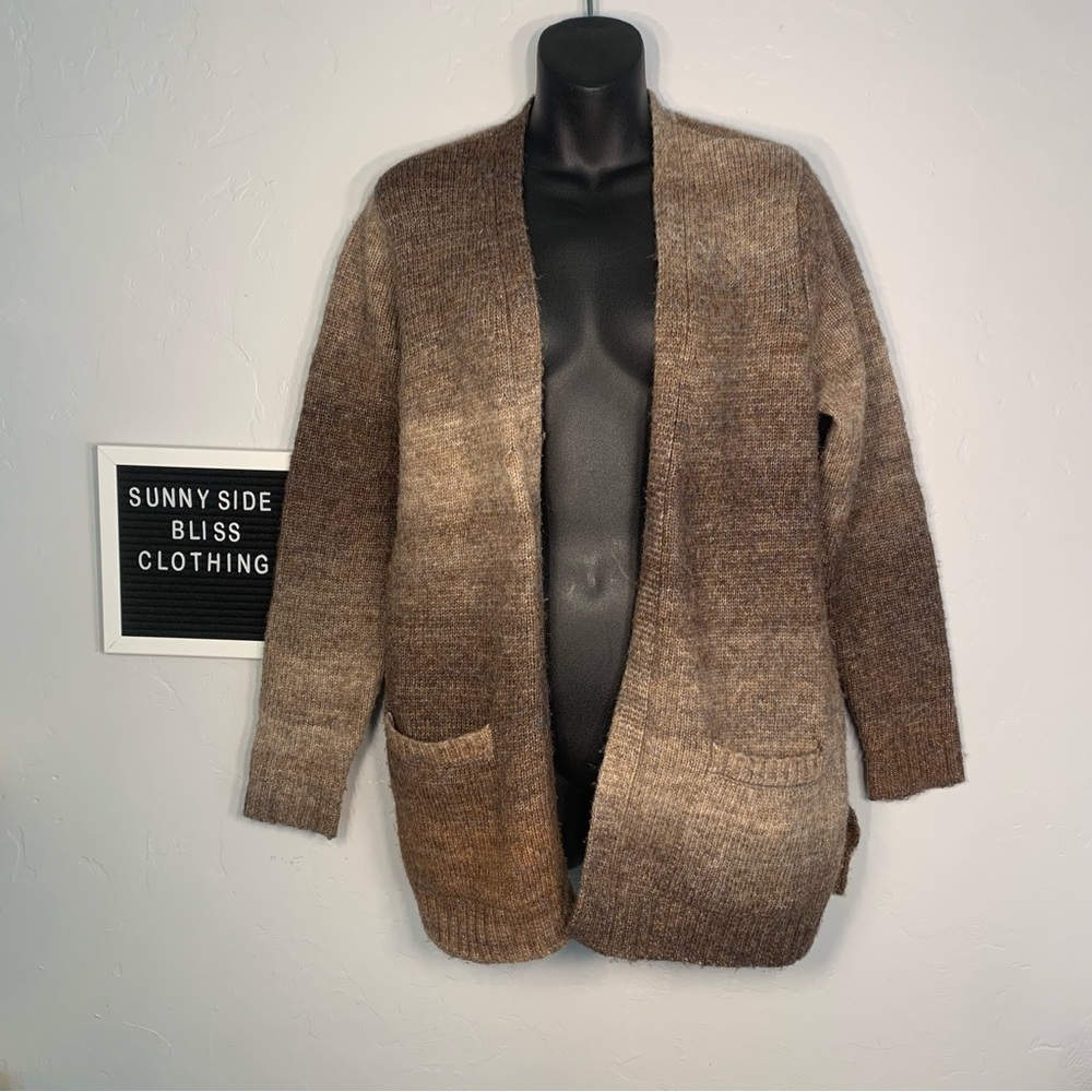 Retrology Brown Ombre Knit Open Front Cardigan Sweater Pockets Cozy Size Small
